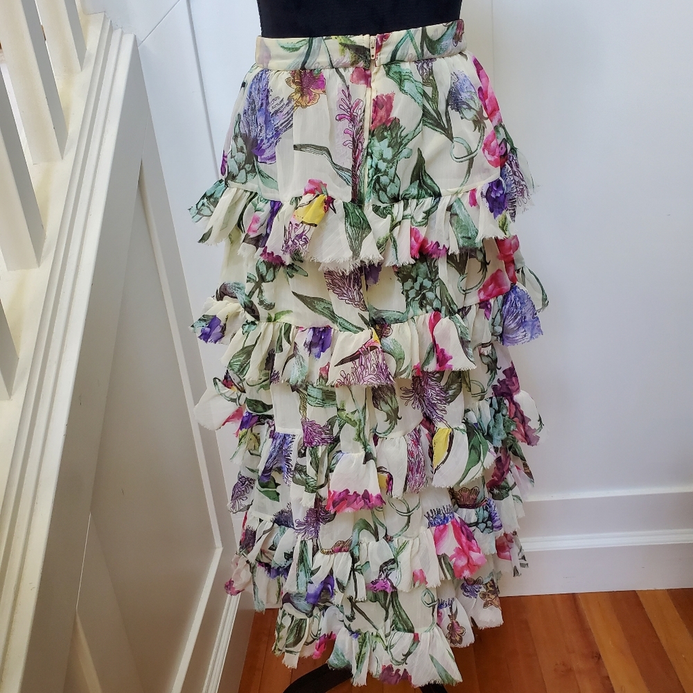 Floral Tiered Chiffon Raw Edge Skirt - Picture 4 of 4